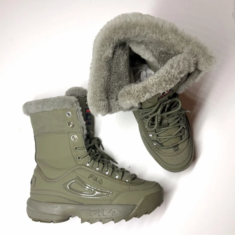 Fila Women’s Disruptor Shearling Mid Calf Lace Up Olive Green Boots Size- 6.5